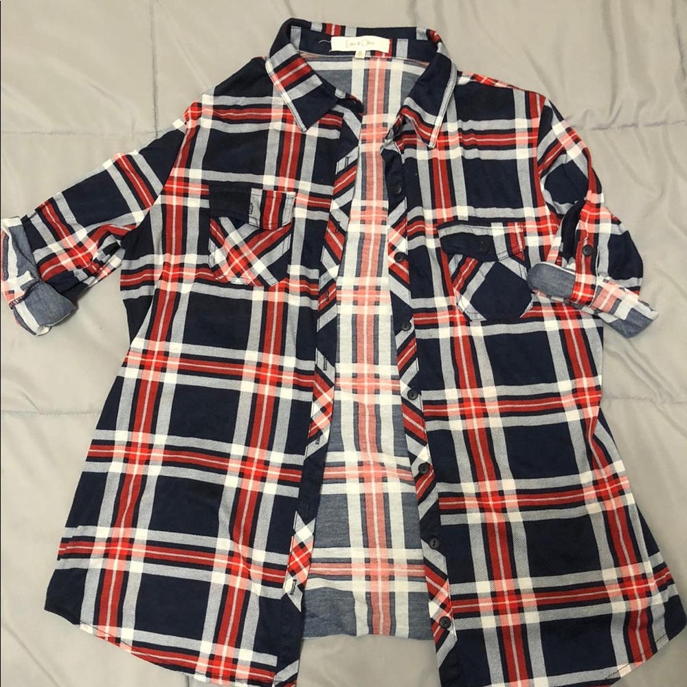 Red white and blue plaid shirt